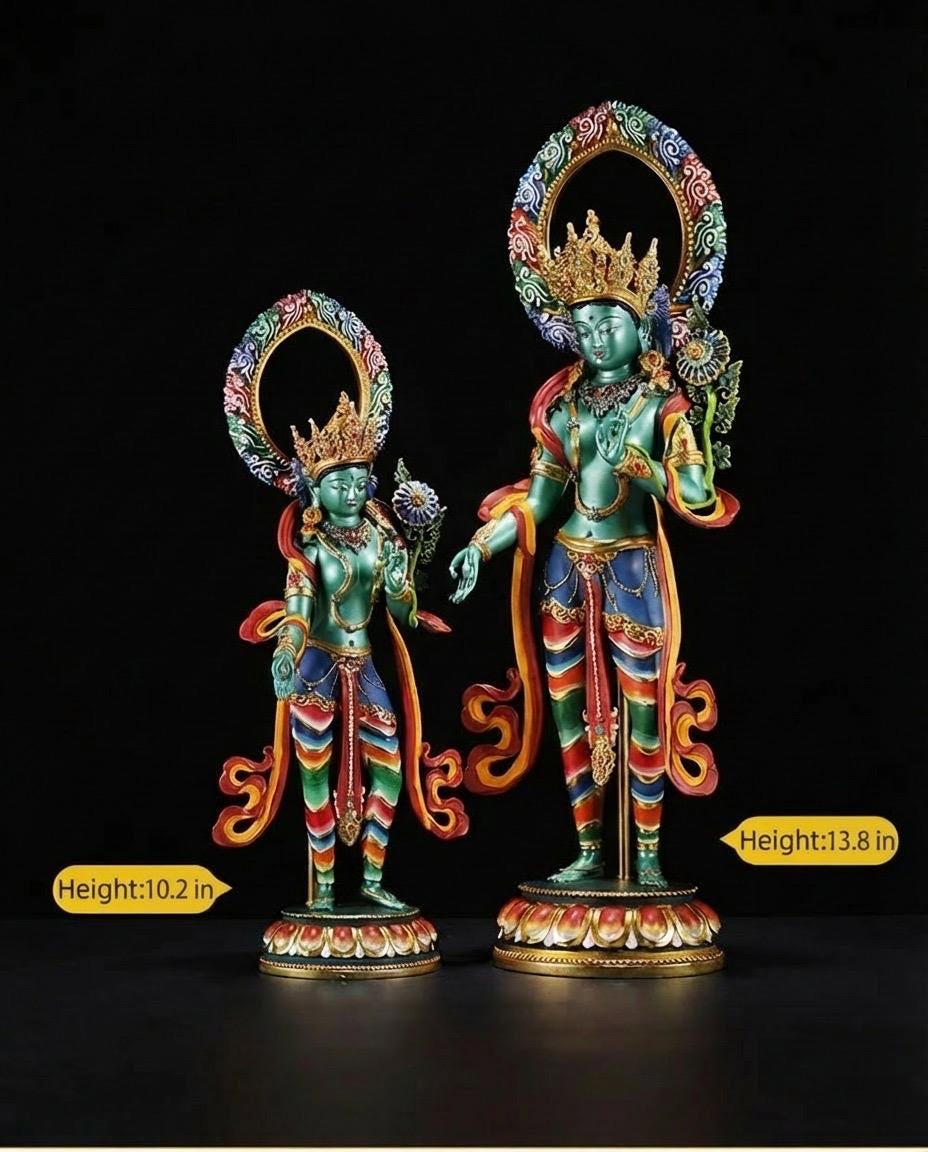 Green Tara Bodhisattva Statue, Hand-Engraved Copper Buddha, Nepali Painted Buddhist Deity, Zen Home Decor, Mindfulness Altar Accessory