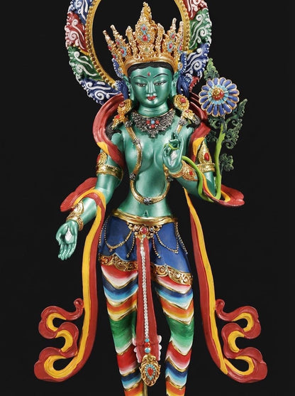 Green Tara Bodhisattva Statue, Hand-Engraved Copper Buddha, Nepali Painted Buddhist Deity, Zen Home Decor, Mindfulness Altar Accessory