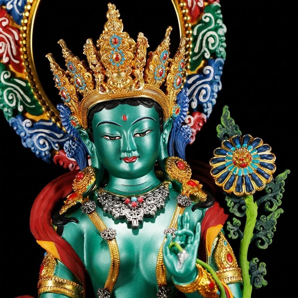 Green Tara Bodhisattva Statue, Hand-Engraved Copper Buddha, Nepali Painted Buddhist Deity, Zen Home Decor, Mindfulness Altar Accessory
