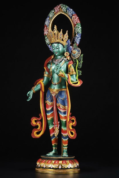Green Tara Bodhisattva Statue, Hand-Engraved Copper Buddha, Nepali Painted Buddhist Deity, Zen Home Decor, Mindfulness Altar Accessory