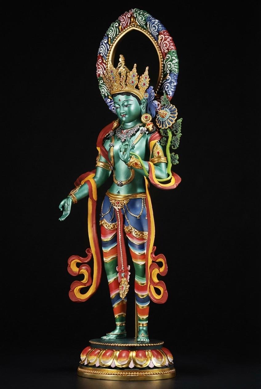 Green Tara Bodhisattva Statue, Hand-Engraved Copper Buddha, Nepali Painted Buddhist Deity, Zen Home Decor, Mindfulness Altar Accessory