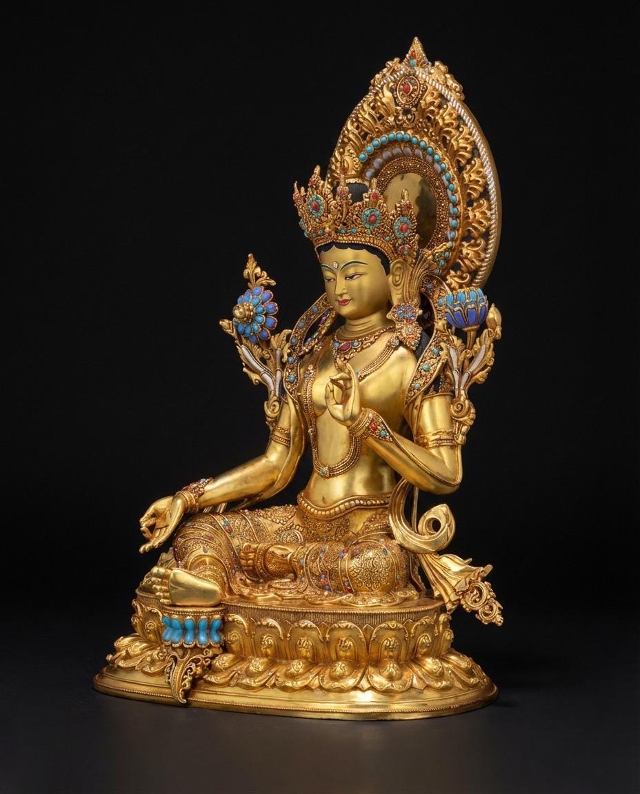Nepali Handcrafted Green Tara Statue Gold Gilded Bronze Tibetan Buddha Goddess Figurine for Home Altar Decor, Zen Spiritual Healing Gift