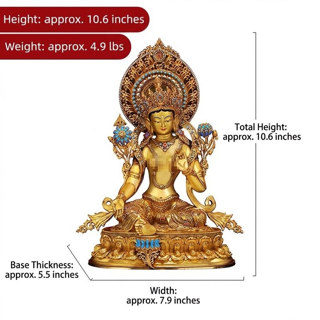 Nepali Handcrafted Green Tara Statue Gold Gilded Bronze Tibetan Buddha Goddess Figurine for Home Altar Decor, Zen Spiritual Healing Gift