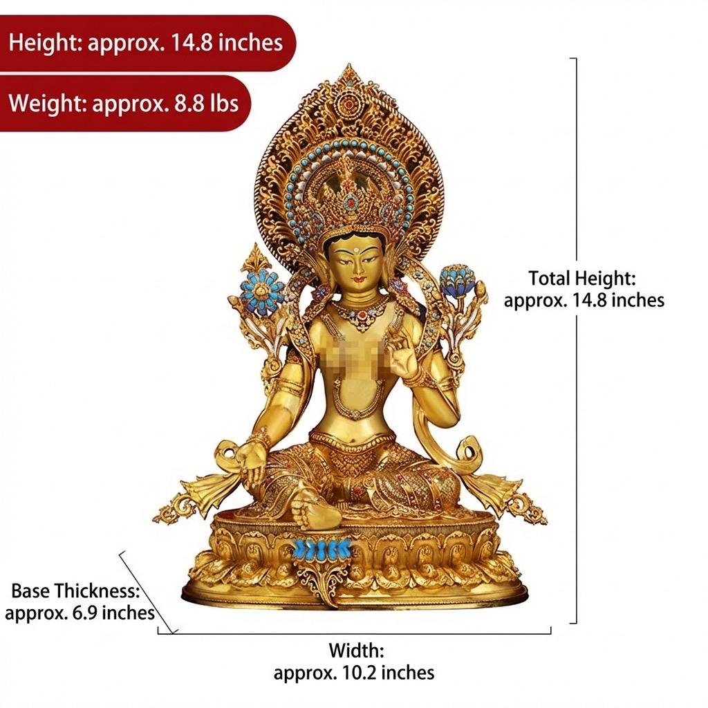 Nepali Handcrafted Green Tara Statue Gold Gilded Bronze Tibetan Buddha Goddess Figurine for Home Altar Decor, Zen Spiritual Healing Gift