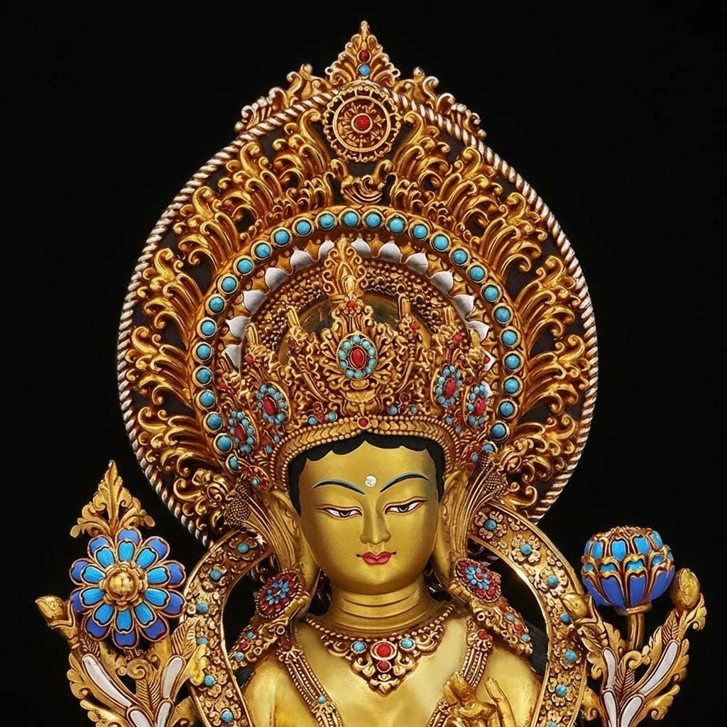 Nepali Handcrafted Green Tara Statue Gold Gilded Bronze Tibetan Buddha Goddess Figurine for Home Altar Decor, Zen Spiritual Healing Gift