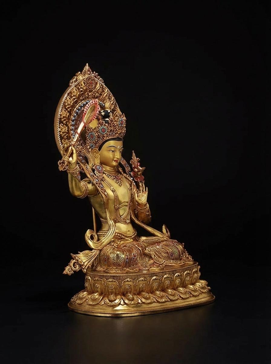 Nepal Handmade Copper Gilt Manjushri Statue, Gold Plated Bodhisattva of Wisdom, Tibetan Buddhist Altar Decor, Zen Gift