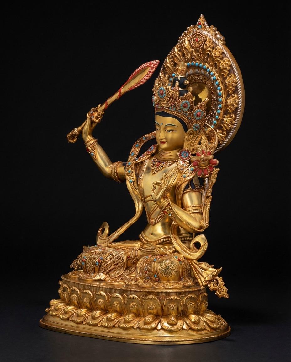 Nepal Handmade Copper Gilt Manjushri Statue, Gold Plated Bodhisattva of Wisdom, Tibetan Buddhist Altar Decor, Zen Gift