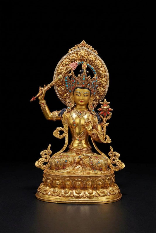 Nepal Handmade Copper Gilt Manjushri Statue, Gold Plated Bodhisattva of Wisdom, Tibetan Buddhist Altar Decor, Zen Gift