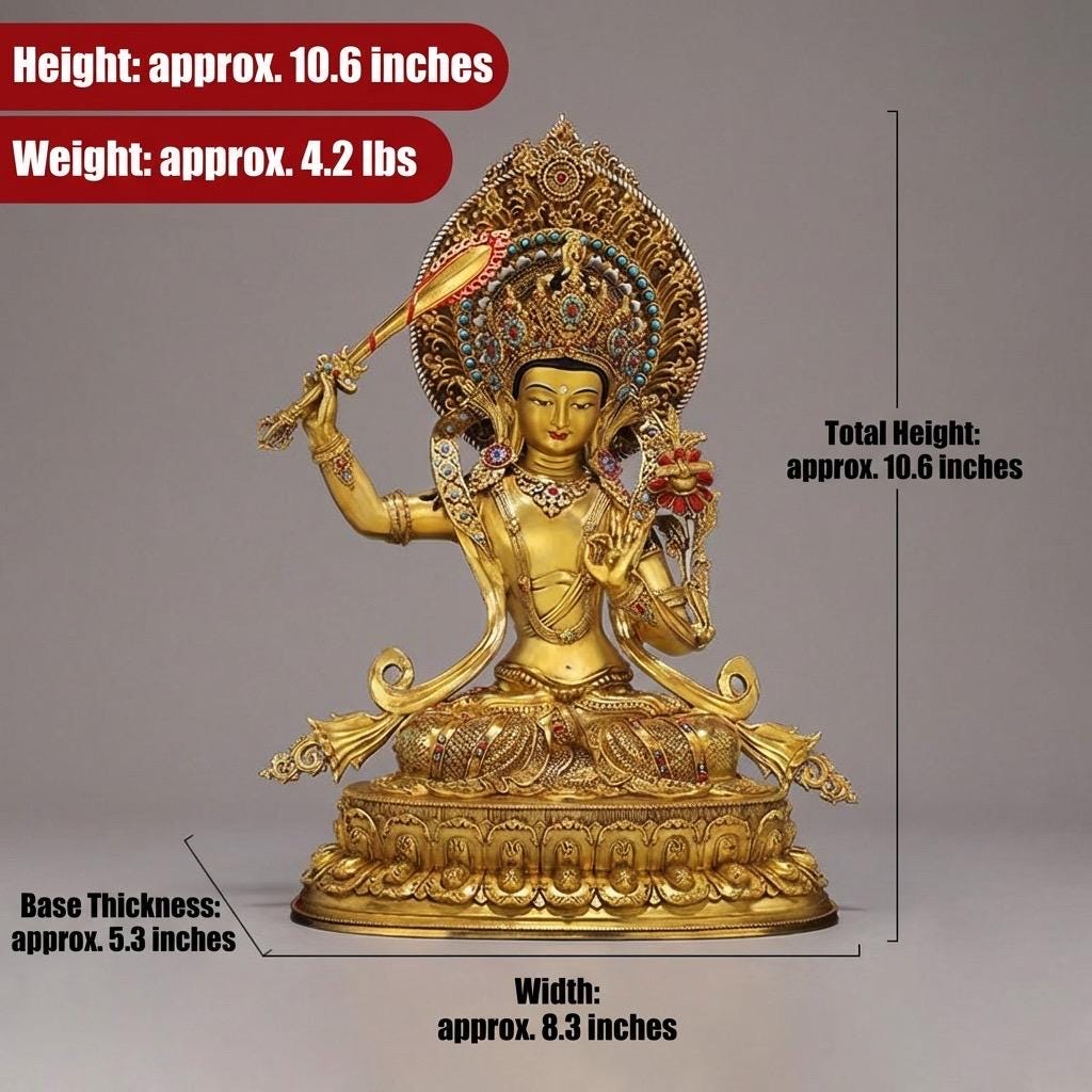 Nepal Handmade Copper Gilt Manjushri Statue, Gold Plated Bodhisattva of Wisdom, Tibetan Buddhist Altar Decor, Zen Gift