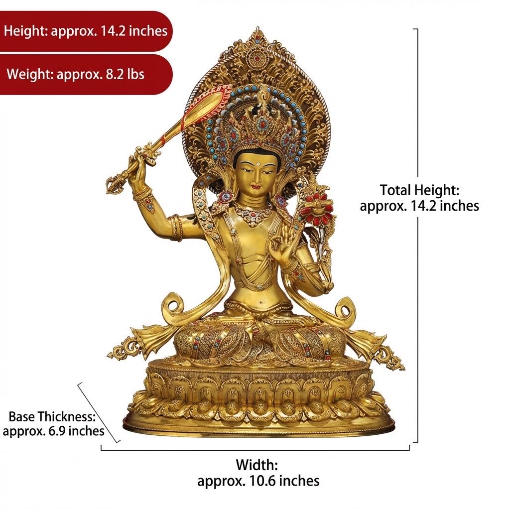 Nepal Handmade Copper Gilt Manjushri Statue, Gold Plated Bodhisattva of Wisdom, Tibetan Buddhist Altar Decor, Zen Gift