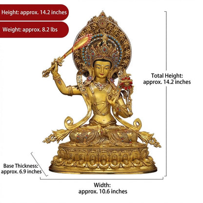 Nepal Handmade Copper Gilt Manjushri Statue, Gold Plated Bodhisattva of Wisdom, Tibetan Buddhist Altar Decor, Zen Gift