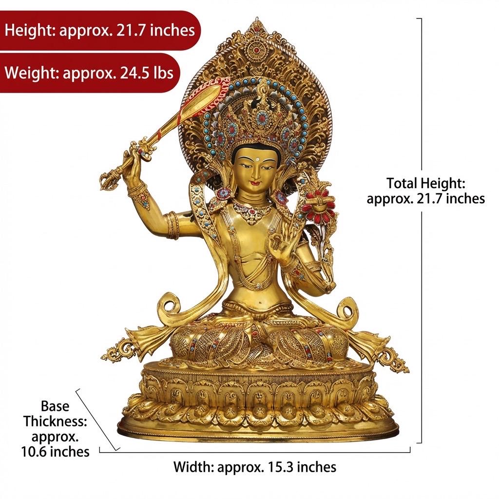 Nepal Handmade Copper Gilt Manjushri Statue, Gold Plated Bodhisattva of Wisdom, Tibetan Buddhist Altar Decor, Zen Gift