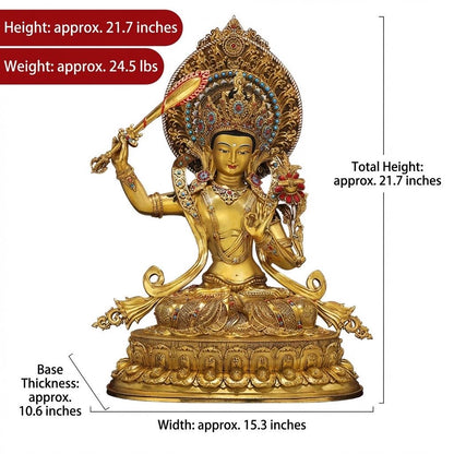 Nepal Handmade Copper Gilt Manjushri Statue, Gold Plated Bodhisattva of Wisdom, Tibetan Buddhist Altar Decor, Zen Gift