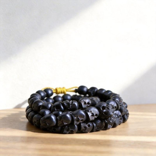 Natural Black Sandalwood Skull Mala Bracelet: Tibetan Buddhist Prayer 108 Beads