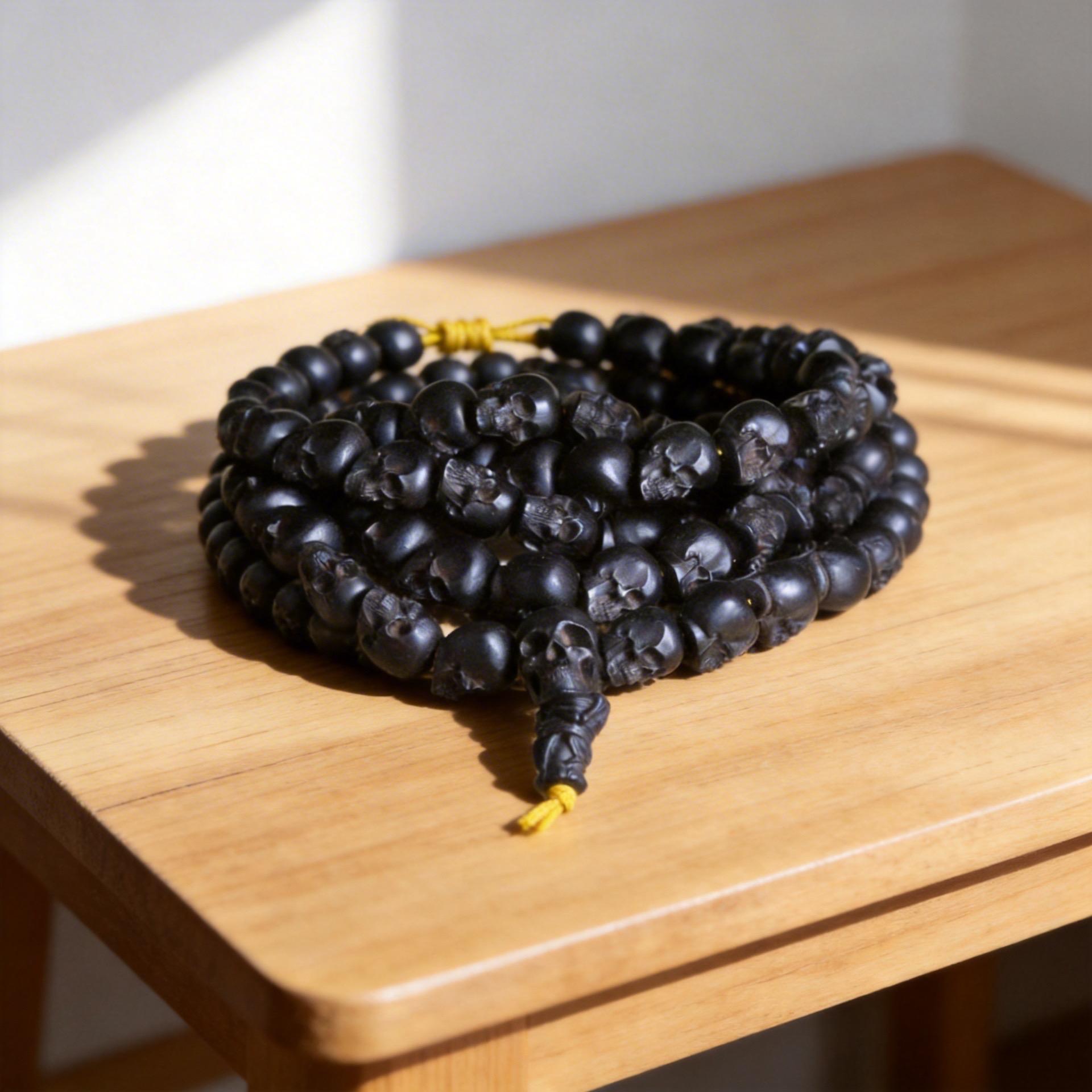 Natural Black Sandalwood Skull Mala Bracelet: Tibetan Buddhist Prayer 108 Beads