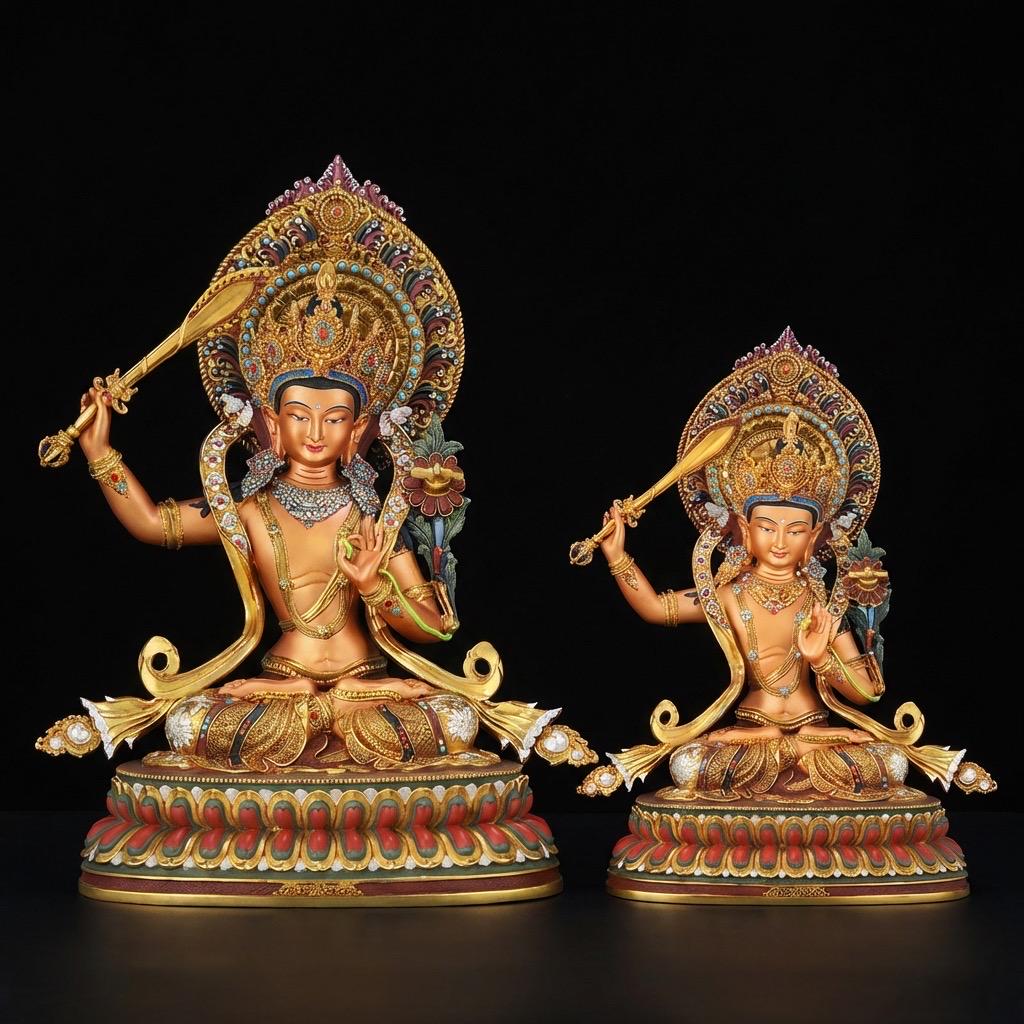 Hand Painted Manjushri Statue, Nepal Copper Colorful Bodhisattva, Wisdom Buddha Sword, Tibetan Buddhist Altar Decor, Zen Yoga Gift