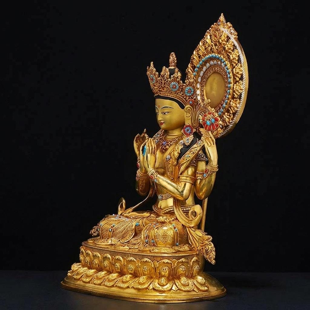 Nepali Handmade 24k Gold Gilded Four-Armed Chenrezig Statue - Tibetan Avalokiteshvara Buddha - Copper Buddhist Altar Decor - Spiritual Gift