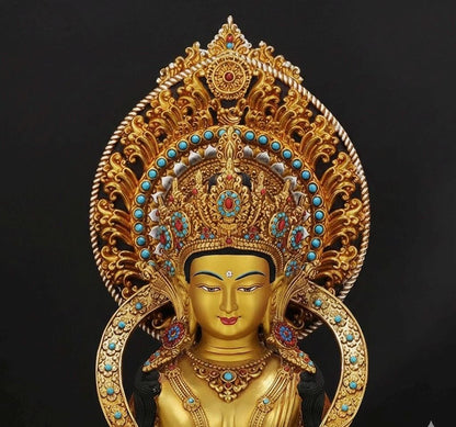 Amitayus Buddha Statue Nepal Gold Gilt Copper Long Life Buddha Statue Tibetan Buddhist Decor Buddha for Altar Home Meditation 10.6"-21.6"