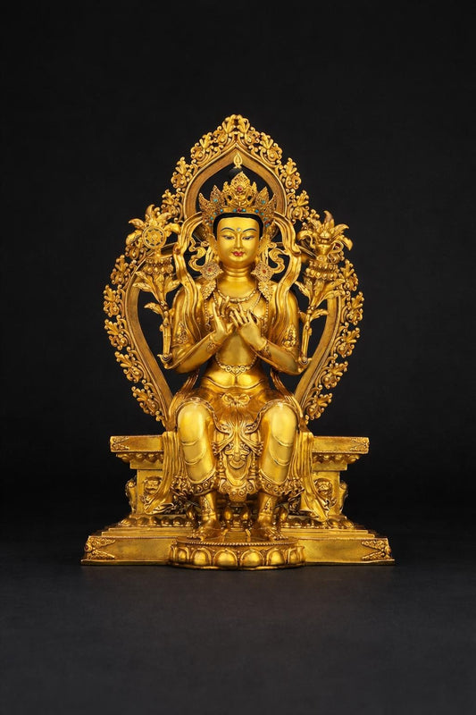 Nepalese Gilt Copper Maitreya Buddha Statue, Handcrafted Tibetan Jampa Future Buddha Sculpture, Buddhist Home Altar Decor