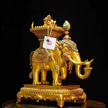 Tibetan Gilt Bronze Elephant Statues, Pair of Nepal Style Antique Elephant Ornaments, Handmade Sacred Buddhist Ritual Art, Home Decor