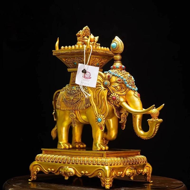 Tibetan Gilt Bronze Elephant Statues, Pair of Nepal Style Antique Elephant Ornaments, Handmade Sacred Buddhist Ritual Art, Home Decor