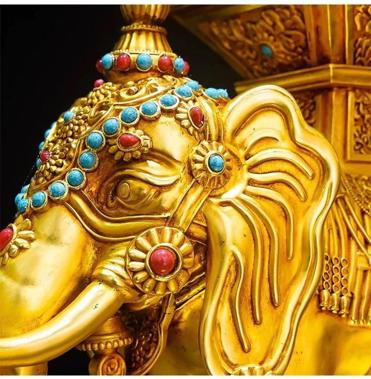 Tibetan Gilt Bronze Elephant Statues, Pair of Nepal Style Antique Elephant Ornaments, Handmade Sacred Buddhist Ritual Art, Home Decor