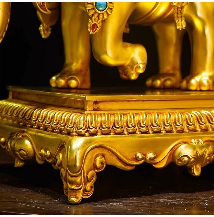 Tibetan Gilt Bronze Elephant Statues, Pair of Nepal Style Antique Elephant Ornaments, Handmade Sacred Buddhist Ritual Art, Home Decor