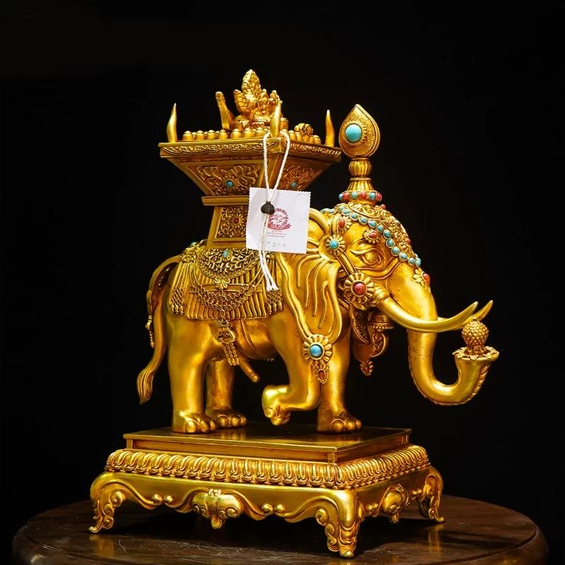 Tibetan Gilt Bronze Elephant Statues, Pair of Nepal Style Antique Elephant Ornaments, Handmade Sacred Buddhist Ritual Art, Home Decor
