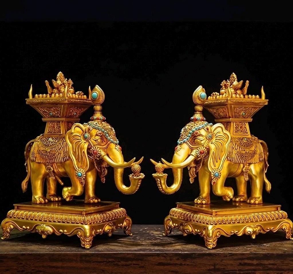 Tibetan Gilt Bronze Elephant Statues, Pair of Nepal Style Antique Elephant Ornaments, Handmade Sacred Buddhist Ritual Art, Home Decor