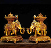 Tibetan Gilt Bronze Elephant Statues, Pair of Nepal Style Antique Elephant Ornaments, Handmade Sacred Buddhist Ritual Art, Home Decor