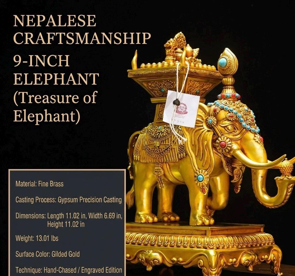 Tibetan Gilt Bronze Elephant Statues, Pair of Nepal Style Antique Elephant Ornaments, Handmade Sacred Buddhist Ritual Art, Home Decor