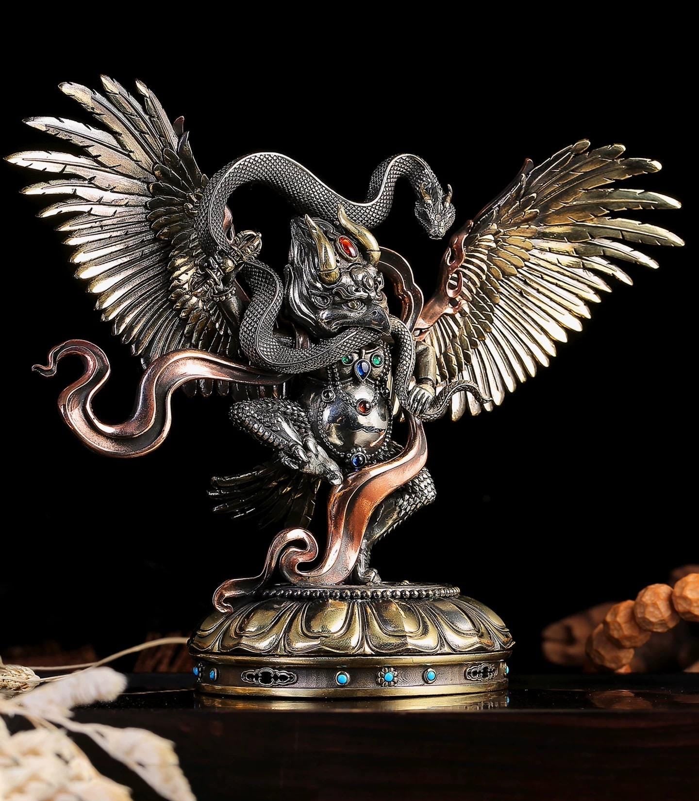 Tibetan Garuda Statue Incense Burner - Mythical Bird Brazen Sculpture, Three-Tone Copper Decor, Spiritual Desk Ornament