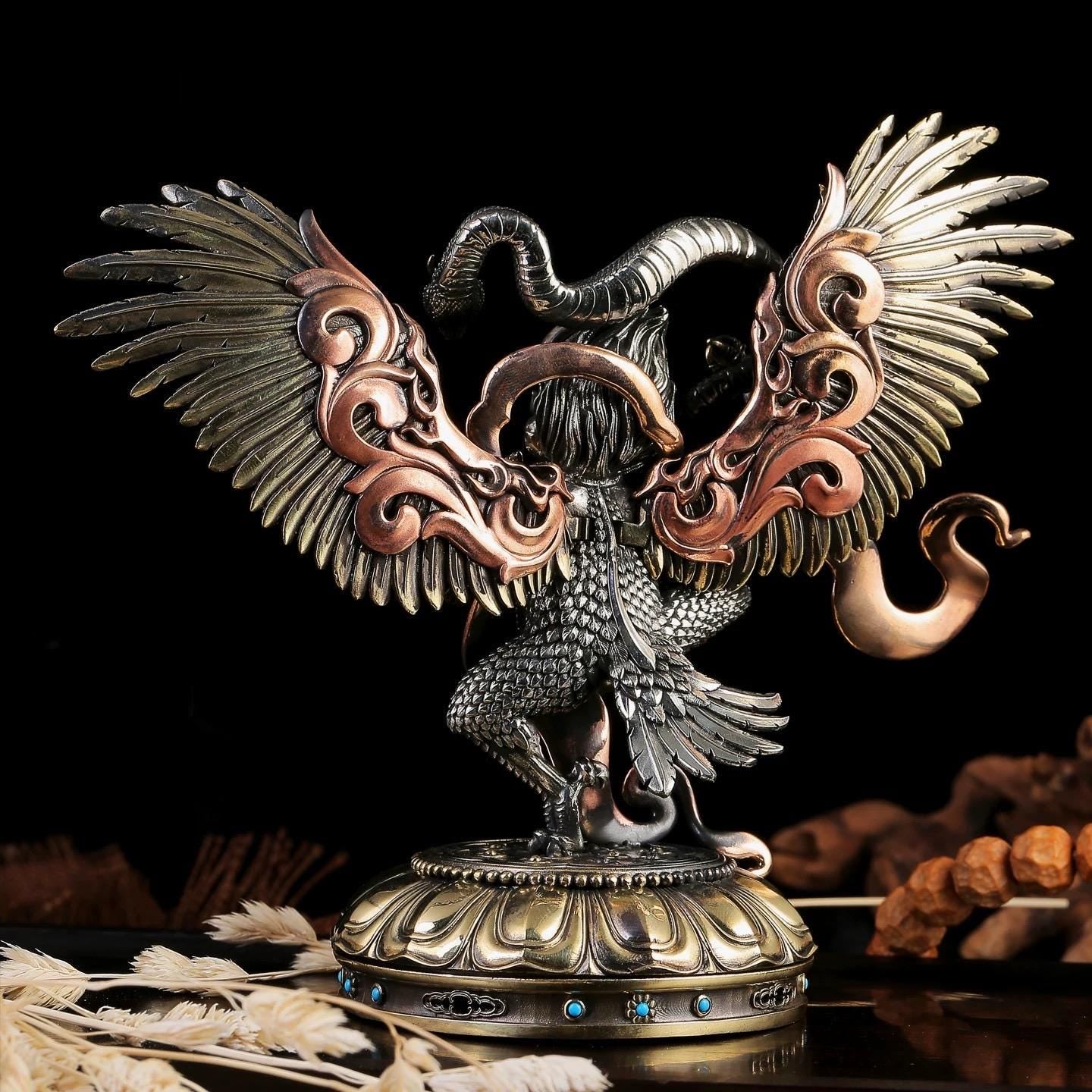 Tibetan Garuda Statue Incense Burner - Mythical Bird Brazen Sculpture, Three-Tone Copper Decor, Spiritual Desk Ornament
