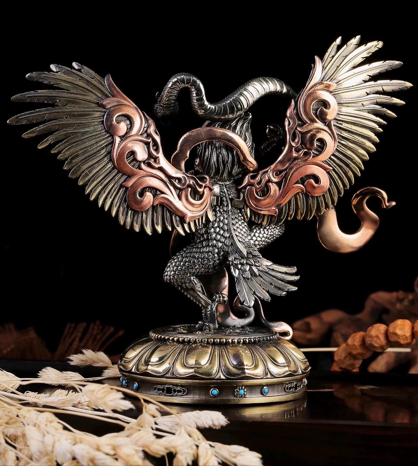 Tibetan Garuda Statue Incense Burner - Mythical Bird Brazen Sculpture, Three-Tone Copper Decor, Spiritual Desk Ornament