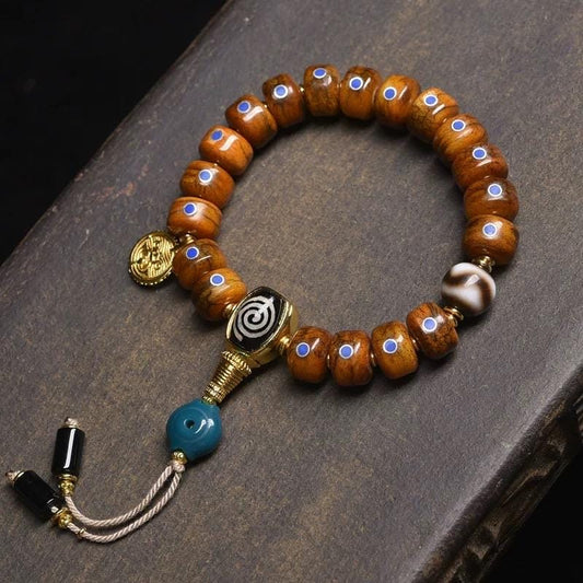 Tibetan Vintage Camel Bone Barrel Bead Bracelet, Inlaid Lapis Lazuli, Yak Bone Mala Prayer Beads, Ethnic Buddhist Meditation Wrist Mala Gift