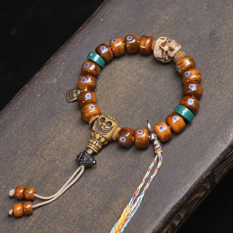Antique Tibetan Style Bone Bracelet - Lapis Lazuli Inlay - Yak Bone Wrist Mala - Meditation Prayer Beads - Handmade Spiritual Jewelry Gift