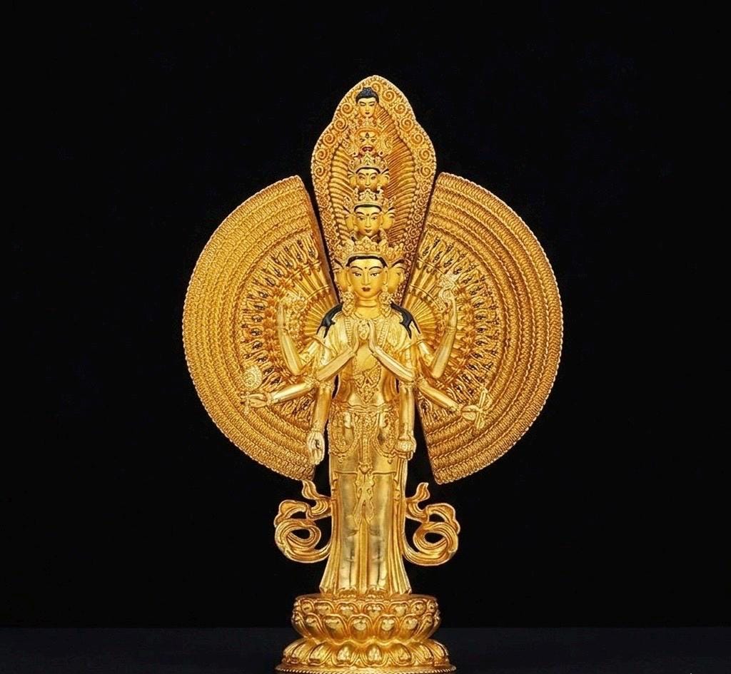 Gilt Bronze Thousand-Armed Avalokiteshvara Statue, Nepal Craft Guanyin Buddha, Bodhisattva of Compassion, Tibetan Buddhist Decor