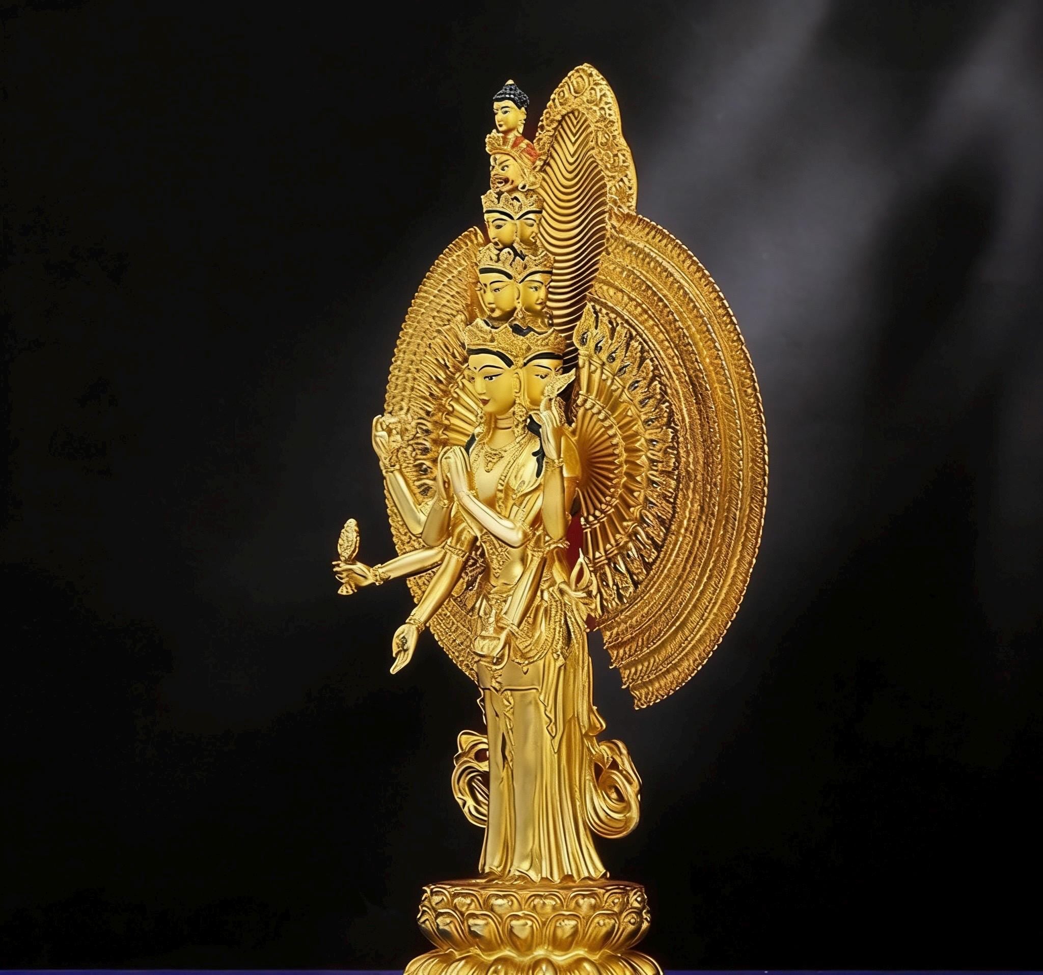 Gilt Bronze Thousand-Armed Avalokiteshvara Statue, Nepal Craft Guanyin Buddha, Bodhisattva of Compassion, Tibetan Buddhist Decor