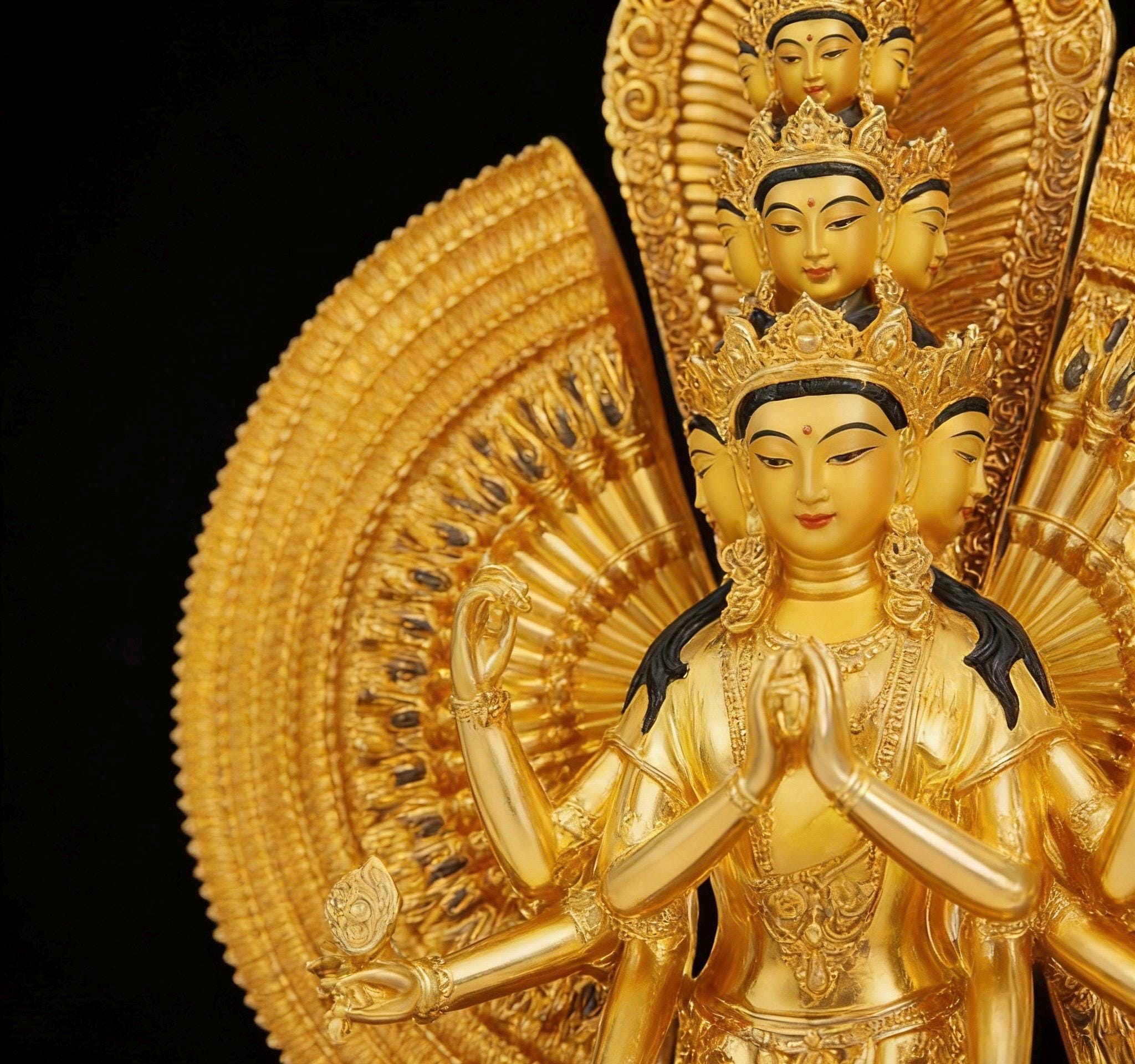 Gilt Bronze Thousand-Armed Avalokiteshvara Statue, Nepal Craft Guanyin Buddha, Bodhisattva of Compassion, Tibetan Buddhist Decor