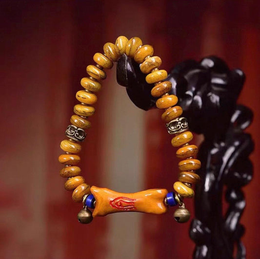 Tibetan Yak Bone Medicine Bead Bracelet, Green Agate Netsuke & Turquoise, Mala Beads, Hand-Carved Prayer Beads, Healing Jewelry, Zen Gift