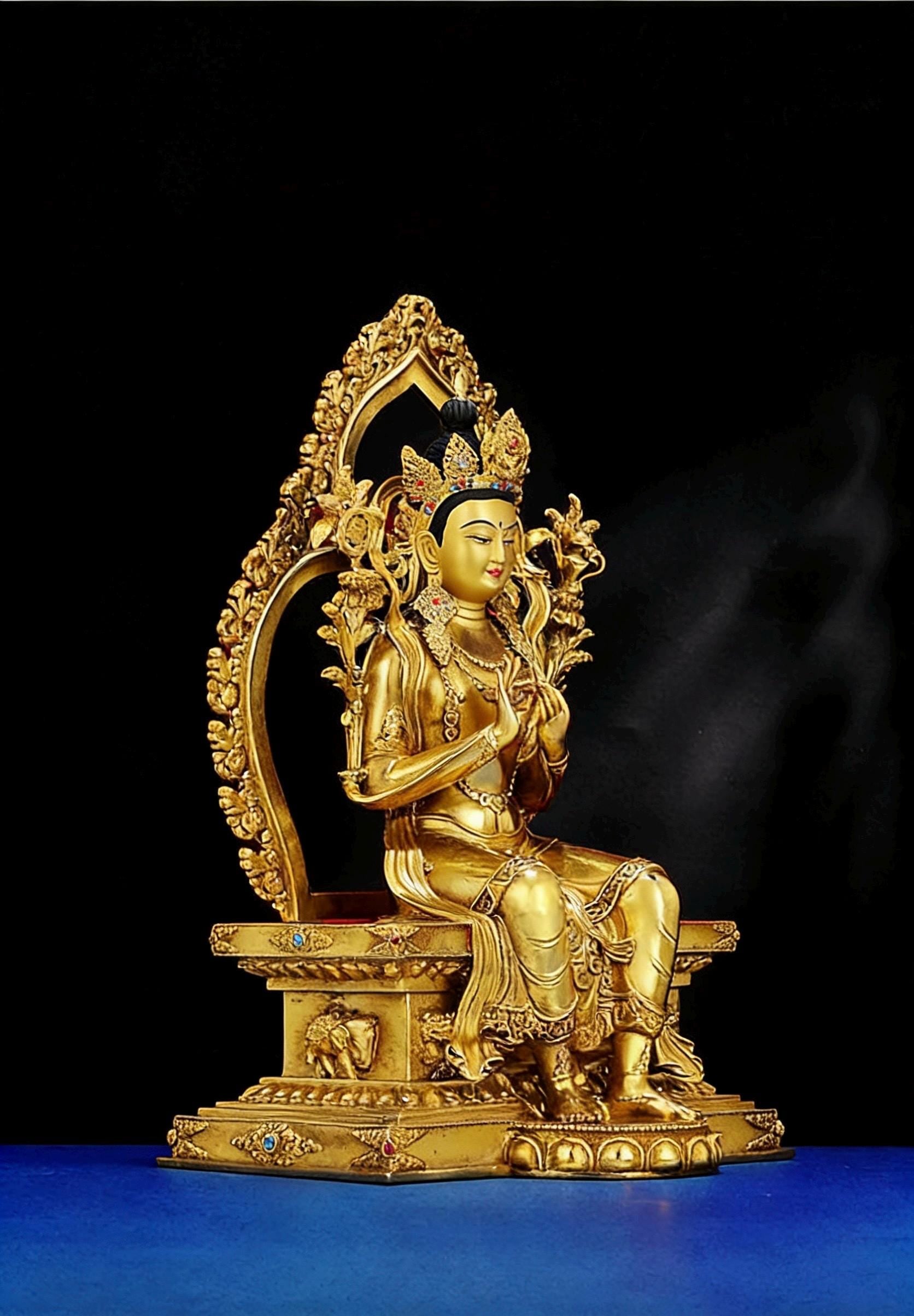 Nepalese Gilt Copper Maitreya Buddha Statue, Handcrafted Tibetan Jampa Future Buddha Sculpture, Buddhist Home Altar Decor