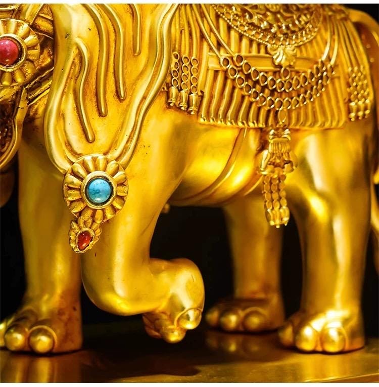 Tibetan Gilt Bronze Elephant Statues, Pair of Nepal Style Antique Elephant Ornaments, Handmade Sacred Buddhist Ritual Art, Home Decor