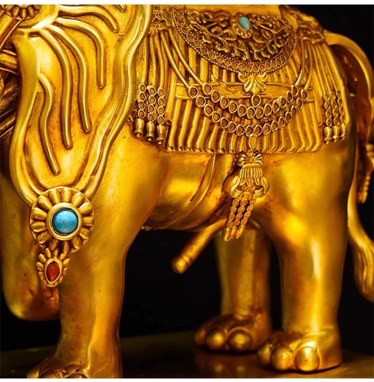 Tibetan Gilt Bronze Elephant Statues, Pair of Nepal Style Antique Elephant Ornaments, Handmade Sacred Buddhist Ritual Art, Home Decor