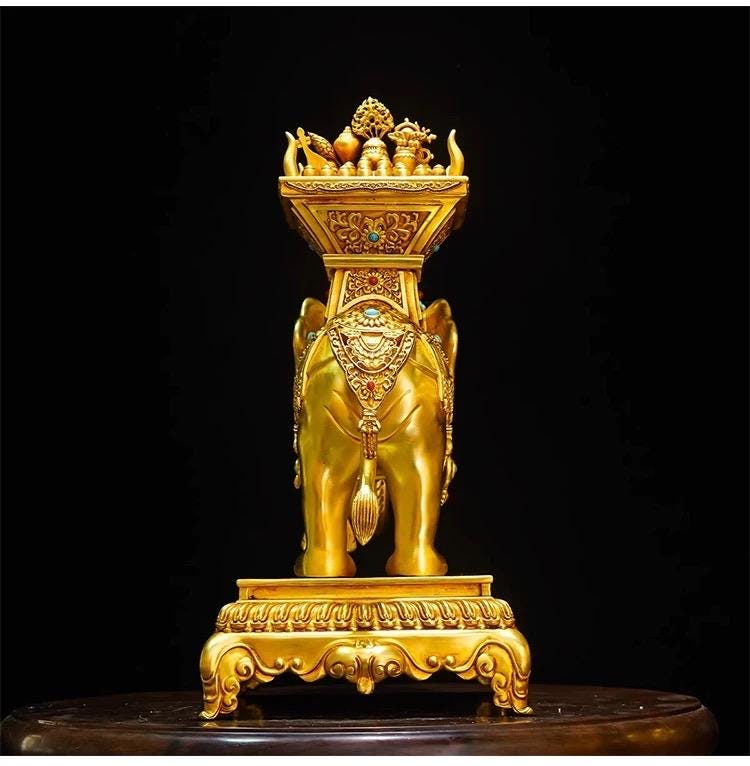 Tibetan Gilt Bronze Elephant Statues, Pair of Nepal Style Antique Elephant Ornaments, Handmade Sacred Buddhist Ritual Art, Home Decor