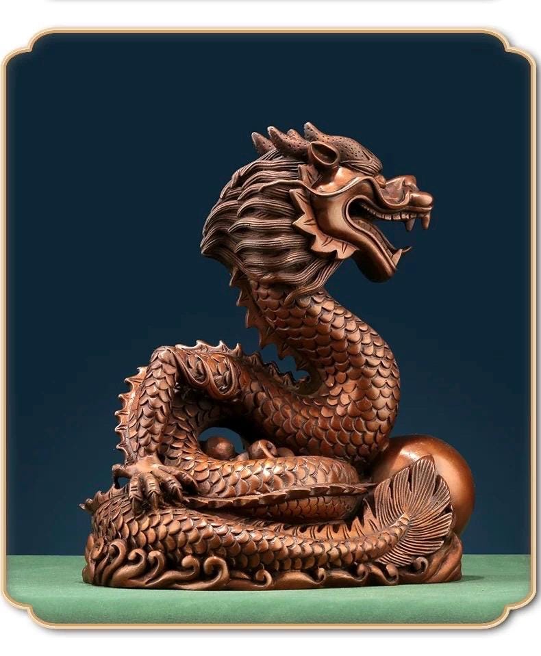 Handmade Pure Copper Dragon Statue - Chinese Bronze Jiao-Long Sculpture, Zen Home Office Decor, Feng Shui Figurine for Wealth & Protection