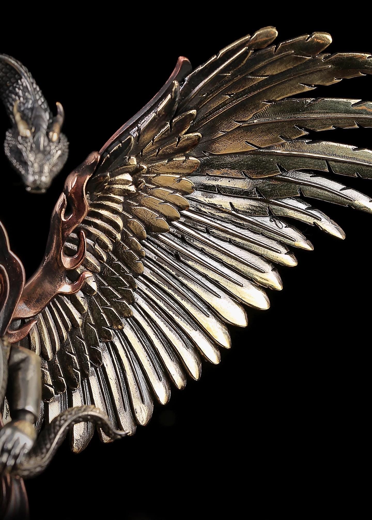 Tibetan Garuda Statue Incense Burner - Mythical Bird Brazen Sculpture, Three-Tone Copper Decor, Spiritual Desk Ornament