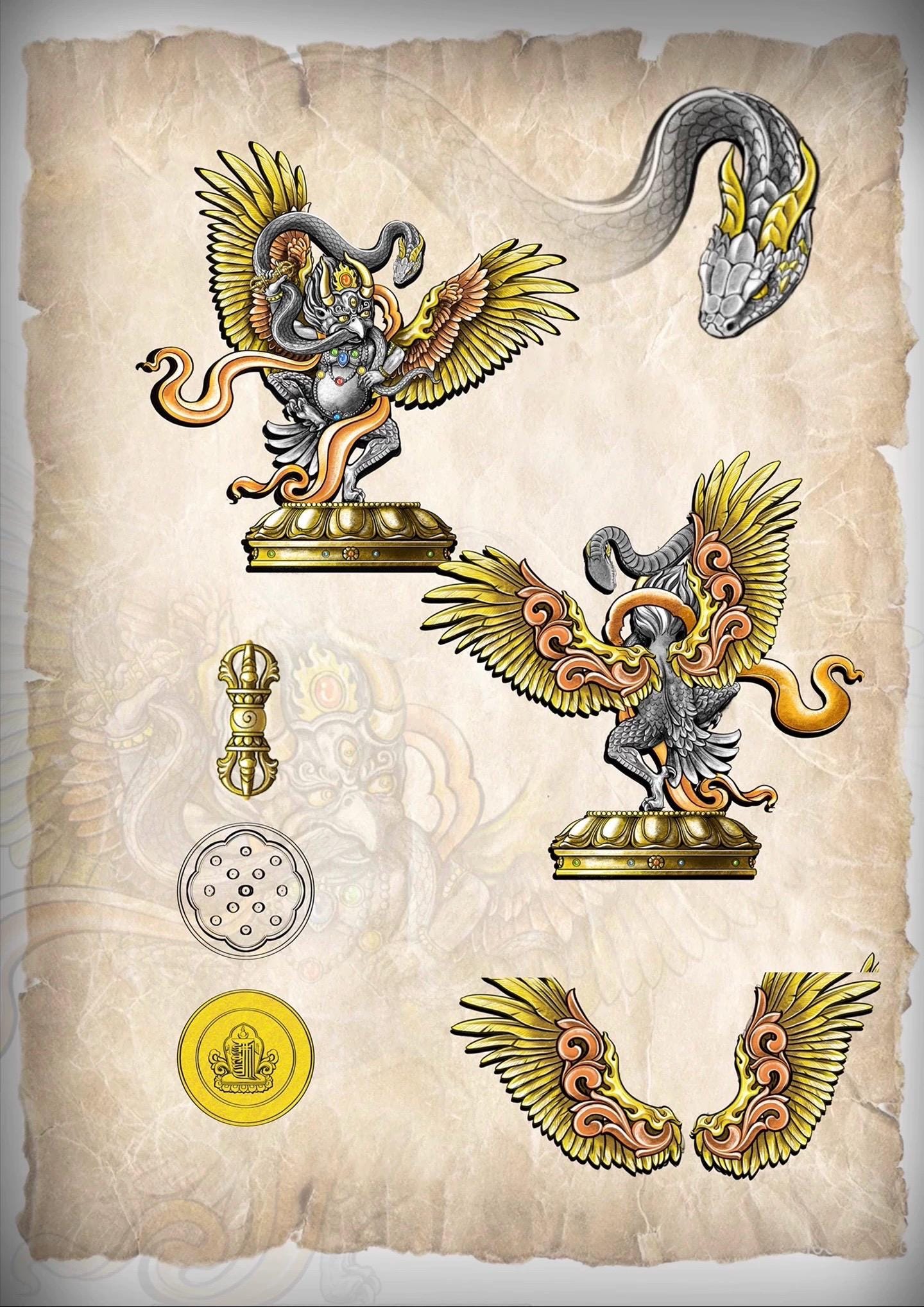 Tibetan Garuda Statue Incense Burner - Mythical Bird Brazen Sculpture, Three-Tone Copper Decor, Spiritual Desk Ornament