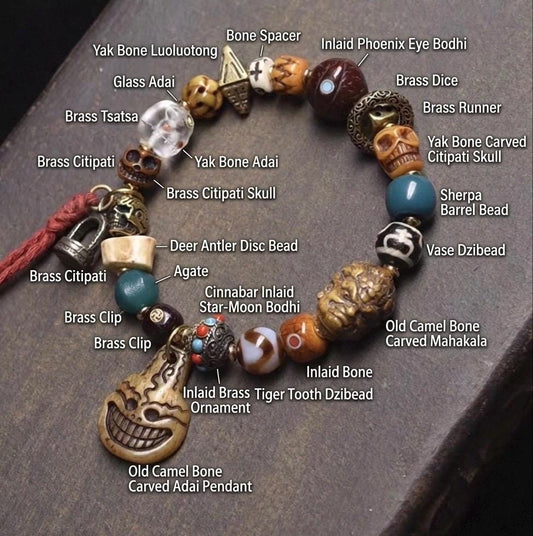 Tibetan Multi-Treasure Bracelet: Yak Bone Adai, Camel Bone Skull, Star Moon Bodhi, Agate, Dzibead Mala, Himalayan Buddhist Prayer Beads
