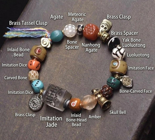 Tibetan Multi-Treasure Bracelet: Yak Bone Adai, Camel Bone Skull, Star Moon Bodhi, Agate, Dzibead Mala, Himalayan Buddhist Prayer Beads