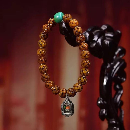 Handmade Tibetan Bone Bead Bracelet with Turquoise - Hollow Carved Barrel Bead, Buddhist Prayer Beads, Vintage Gau Box Pendant, Unique Gift